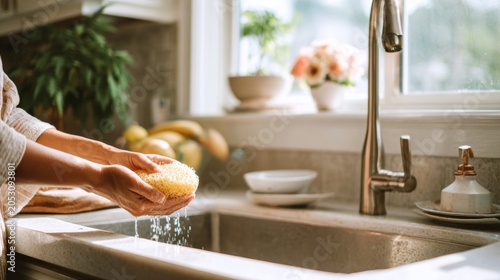 Hands Washing Natural Sponge in Sunlit Kitchen Sink, Promoting Zero Waste Cleaning and Plastic Free Home Care.