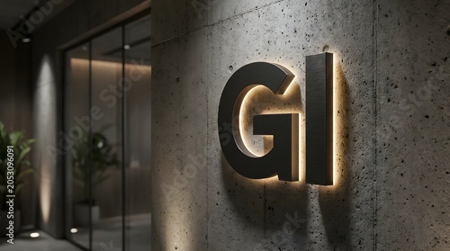 Modern Backlit Corporate GI Logo Sign on Concrete
