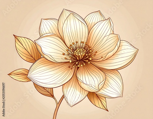 Illustration of a detailed flower bloom with layered petals and a central golden core, against a soft beige backdrop