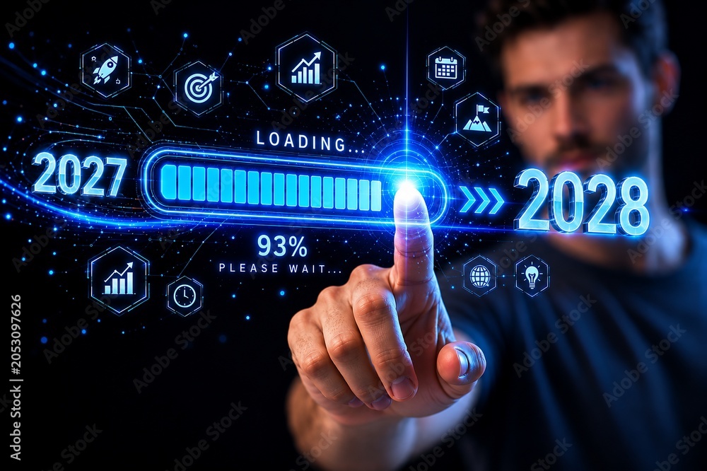 Fototapeta premium Man Touching Digital Interface Loading Bar Transitioning From 2027 To 2028