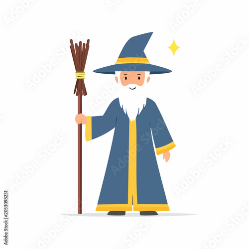 Cartoon Wizard with Broomstick and Magic Star