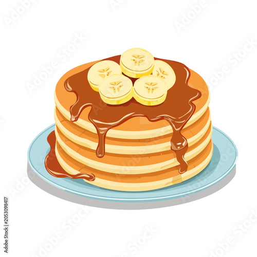 Stack of pancakes with banana slices and chocolate syrup on a plate