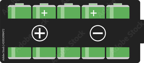 Tableau sur toile Battery pack display showcases a symmetrical arrangement of ten green cylinders held within a dark rectangular frame marked by prominent circular polarity indicators