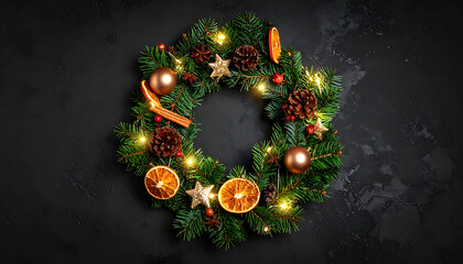 Festive Christmas wreath with pine cones, dried orange slices, golden baubles, and warm fairy lights on a dark textured background, holiday decoration