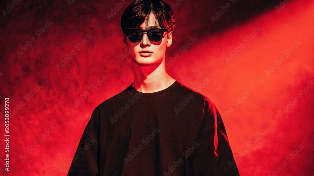Fototapeta premium Young Man Wearing Sunglasses and Dark Sweatshirt with Dramatic Red Lighting and Smoke