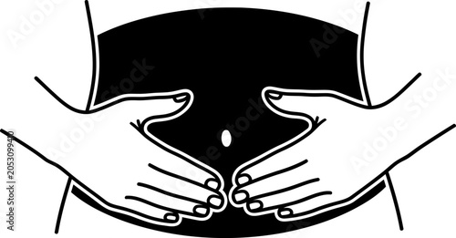 Obraz na płótnie Stomach illustration depicts human hands positioned over the abdomen area to represent digestive health and tactile comfort in a stark black and white graphic style