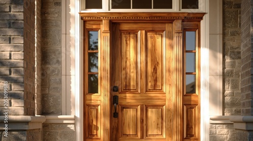 Elegant Carved Wooden Front Door with Sidelights and Transom Window
