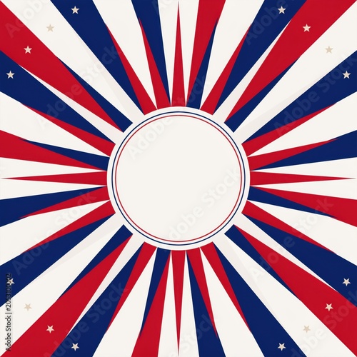 Circus tent backdrop features vibrant red and blue radiating stripes with small stars surrounding a central circle frame.