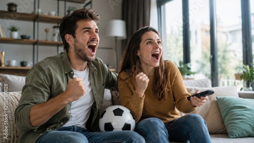 Happy young couple celebrates a goal while watching a soccer match on television in their living room.