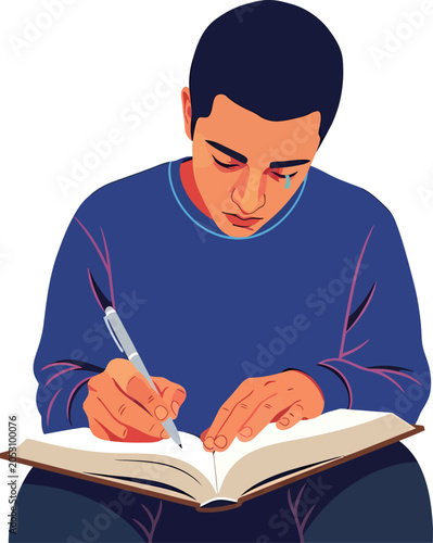 Foto Man writing in open book.