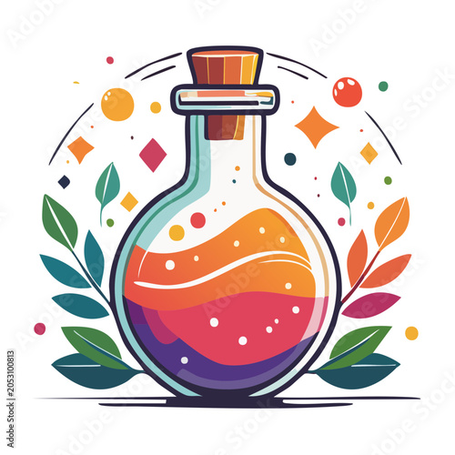 Colorful potion bottle with magical elements