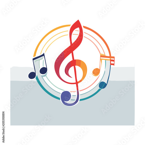Colorful treble clef with musical notes and devices illustration