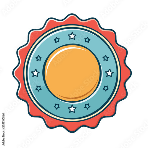 Flat design star badge with blue background and red border