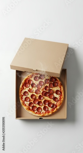 Freshly baked pizza in a cardboard box on a white surface