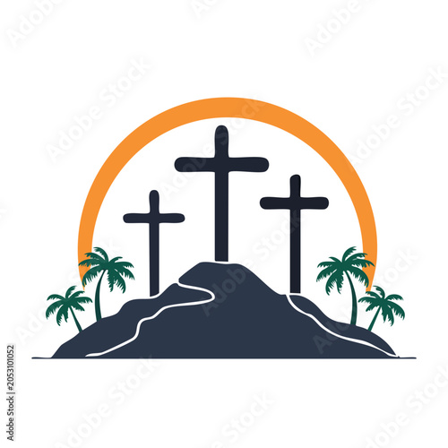 Three crosses on hill with palm trees at sunset
