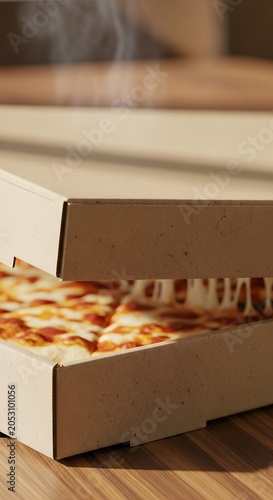 Freshly baked pizza in cardboard box ready for delivery or enjoyment