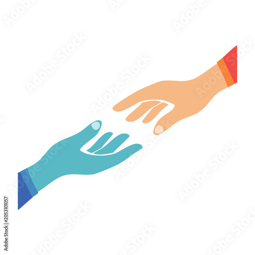 Two hands reaching towards each other in flat design