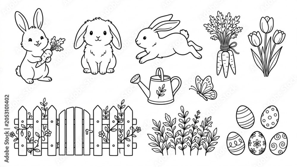 Obraz premium Cute Bunny Garden Line Art Illustration Set Rabbits, Carrots, Flowers and Spring Meadow Elements