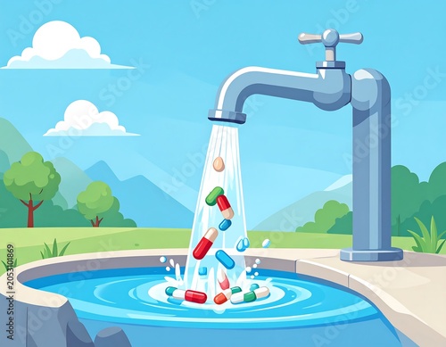 Illustration of a faucet dispensing pills instead of water into a pool, depicting water pollution