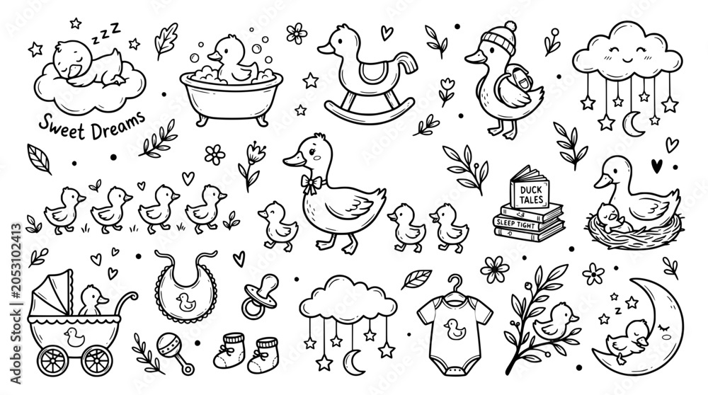 Fototapeta premium Cute baby duck collection with toys and accessories