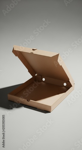 Open pizza box on a neutral background with overhead lighting and copy space