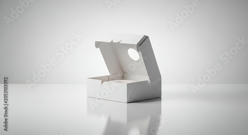 Opened white cardboard box against a bright background copy space