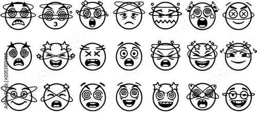 Canvastavla Black and White Line Art Dizzy Emoticons Collection