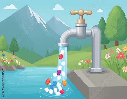 Illustration of a faucet dispensing pills into a clear stream, with mountains and flowers in the background