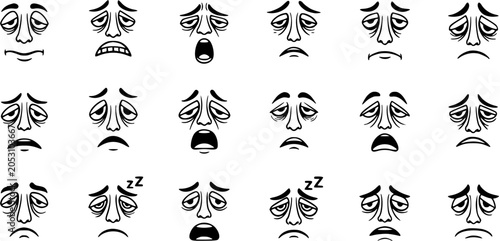 фотографія Black and White Line Art Collection of Tired and Sleepy Faces Expressing Exhaust