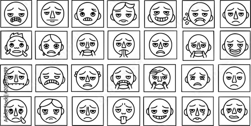 Fotografie Black and White Line Art of Sad and Crying Faces Expressing Negative Emotions