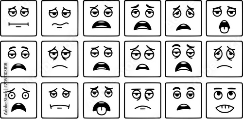 Tableau sur toile Sad Face Emoticons Set, Black and White Line Art, Expressing Negative Emotions