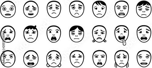 Fotografie Black  White Line Art Glyph Vector Icons of Human Faces Showing Sadness, Stress, Anxiety, and Various Negative Emotions for Mental Health Concepts