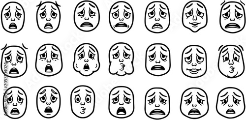 Tableau sur toile Black and White Line Art Sad Faces Emoticon Collection, Expressing Various Negat