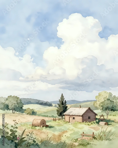 illustration à l'aquarelle d'un paysage de campagne anglais par un temps ensoleillé avec quelques nimbus blancs
