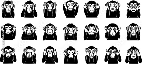 Photography Three Wise Monkeys Glyph - See No Evil, Hear No Evil, Speak No Evil - Black and