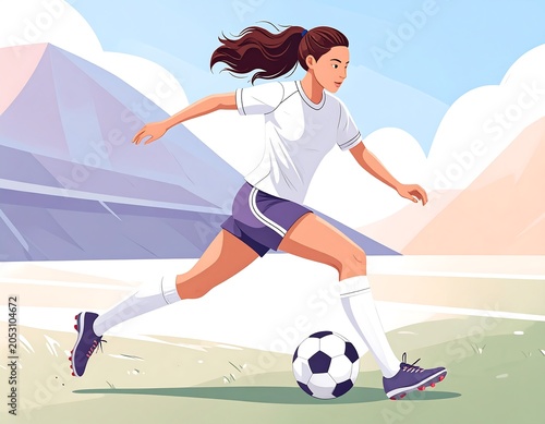 Illustration of a female athlete in action, kicking a soccer ball on a green field towards a stadium