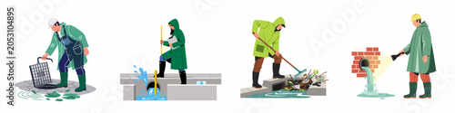 Collection of illustrations showing municipal maintenance workers in protective gear cleaning, inspecting, and monitoring urban drainage systems and storm sewers.