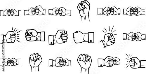 Bild auf Leinwand Black and White Line Art Fist Bump Icon Set, Unity and Connection Symbol