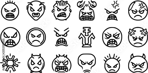 Fényképezés Black and white line art icons of angry, furious, and enraged faces, representing negative emotions and aggression