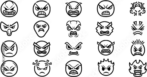 Photos Angry Faces Icons - Black and White Line Art Emoticons Illustrating Mad, Furious