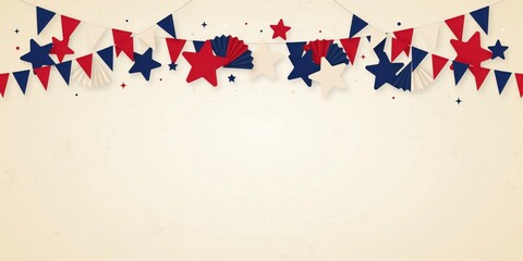 Bunting flags and star ornaments create a decorative border across the top of a neutral colored textured paper background.