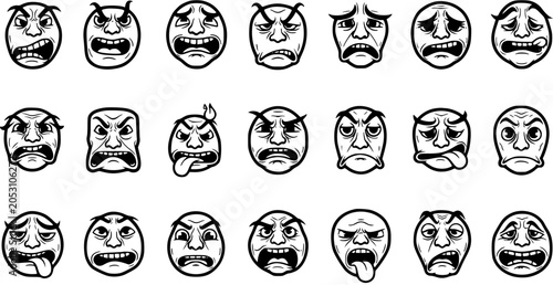 Foto Black and White Line Art of Angry Faces for Emotive Design