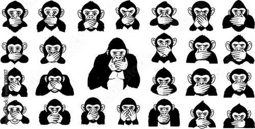 Canvastavla Black and White Line Art Glyphs: Monkeys and Gorillas Covering Mouths, Represent