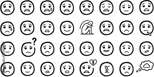 фотографія Black and White Hand-drawn Line Art Icons of Sad, Worried, Crying, and Depressed Emotional Faces for Mental Health and Psychological Concepts