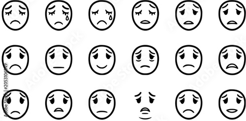 Foto Sad and Depressed Emoji Faces Icons Set in Black and White Line Art Style