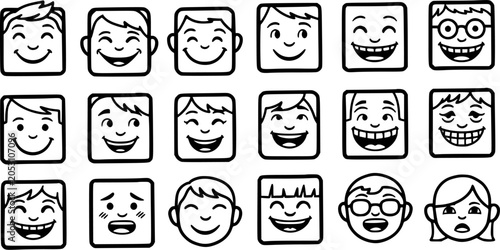 Slika na platnu Black and White Line Art Faces  Emoticons Collection for UIUX Design