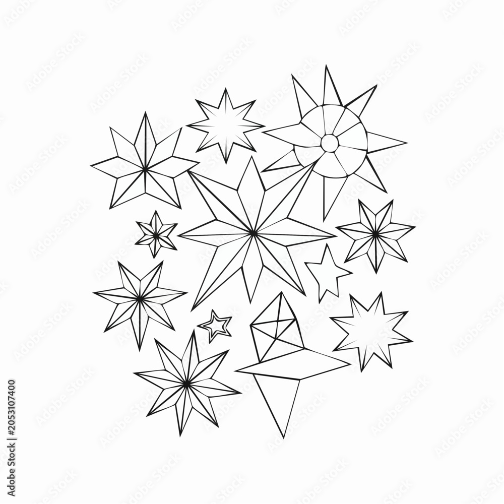 Obraz premium Black and white snowflakes illustration with various geometric shapes and sizes on clean
