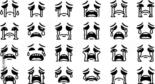 Tableau sur toile Black and White Line Art Crying Faces Emoticon Set, Expressing Sadness and Distr