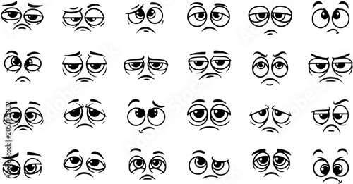 Photos Black and White Line Art of Sad and Tired Cartoon Eyes, Expressing Emotions