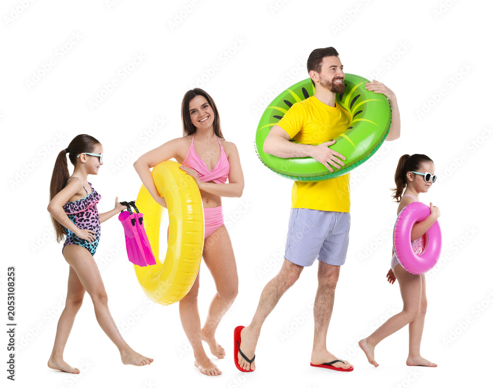Obraz premium Family with beach stuff walking on white background